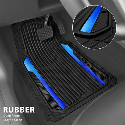 CAR PASS Heavy Duty Rubber Car Mats Metallic,Aluminum Film All Weather Floor Mats Waterproof Universal Trim to Fit Automotive SUV Sedan Van 4 Piece Anodized Deep Dish Two-Tone Sporty Black Blue Chrome