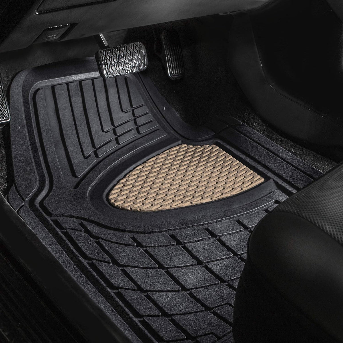 FH Group Premium Liners Tall Channel Trimmable All Weather Rubber Full Set Car Floor Mats (Beige) w. Trimmable All-Season Cargo Liner (Black) - Universal Fit for Cars Trucks and SUVs
