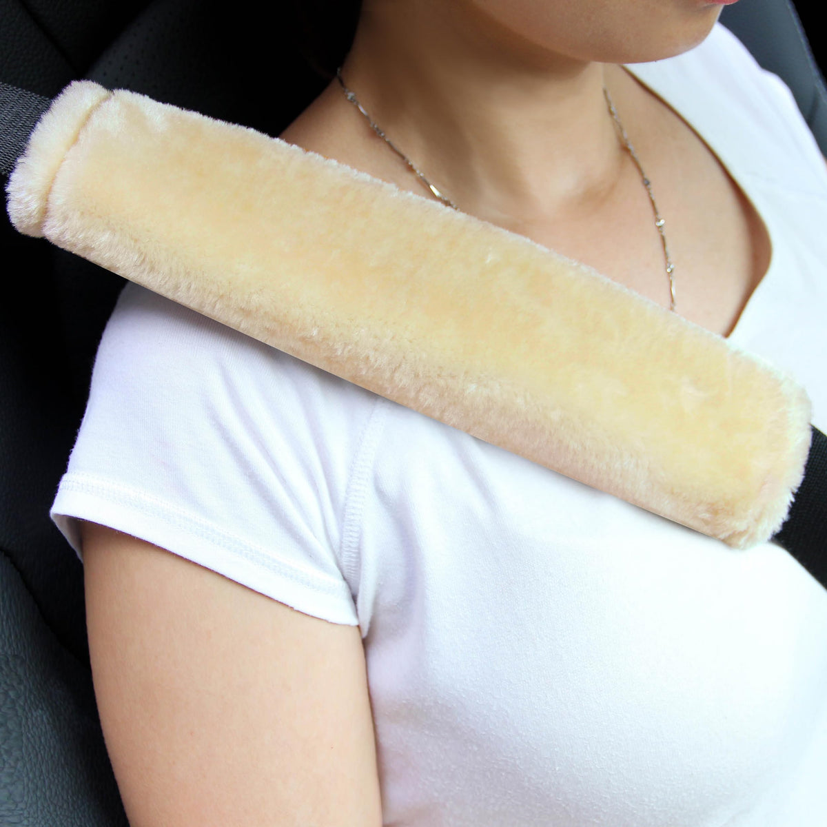 Amooca 2-Pack Real Wool Seatbelt Cover Authentic Sheepskin Shoulder Pad
