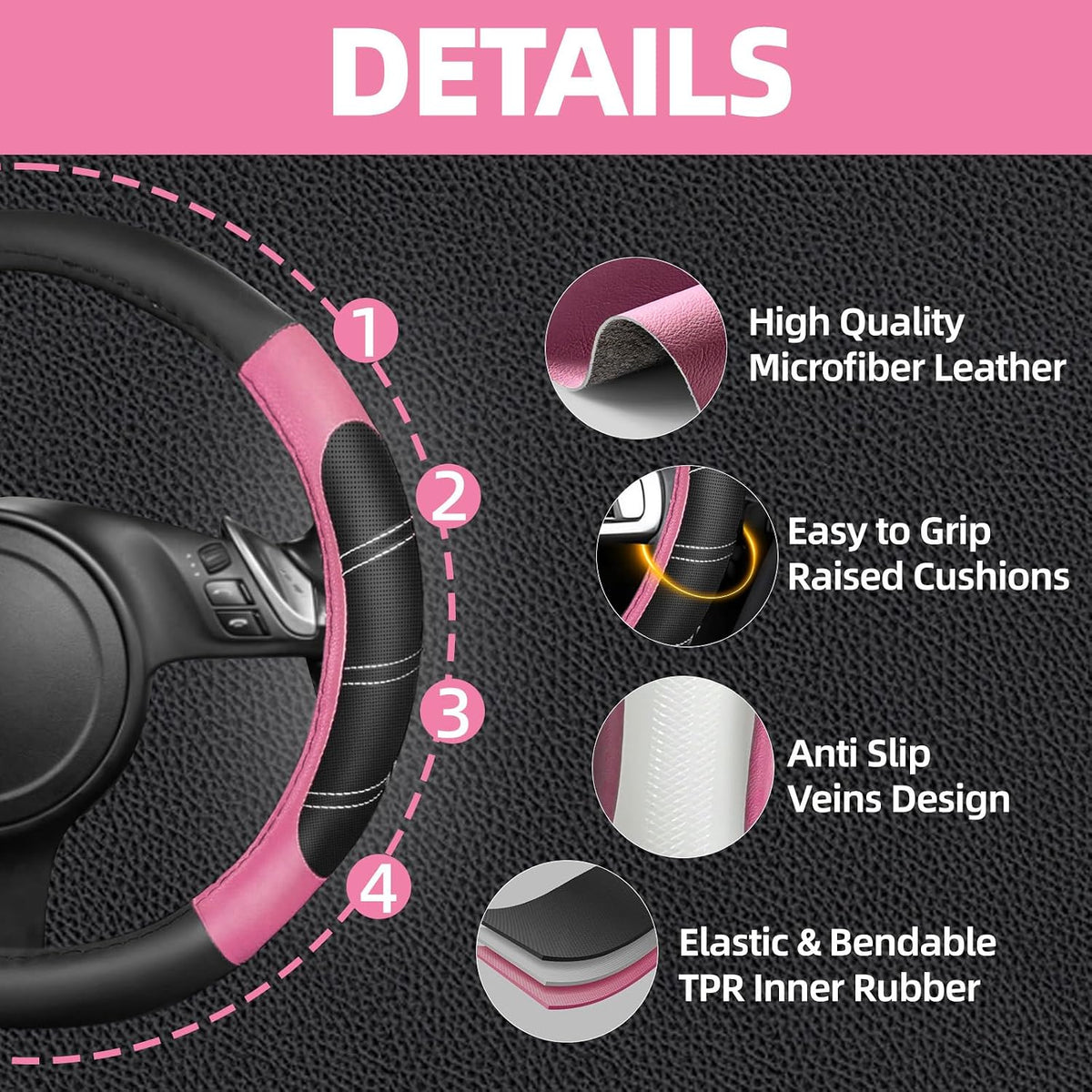 NBTEPEM 6 Pcs Pink Steering Wheel Cover Set, Sport Microfiber Leather Steering Wheel Cover 14.5-15inch Universal, Car Center Console Cover, Seat Belt Cushion, Cup Coasters, Pink Car Accessories Set