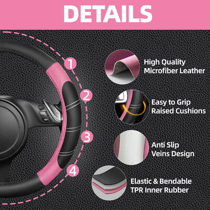 NBTEPEM 6 Pcs Pink Steering Wheel Cover Set, Sport Microfiber Leather Steering Wheel Cover 14.5-15inch Universal, Car Center Console Cover, Seat Belt Cushion, Cup Coasters, Pink Car Accessories Set