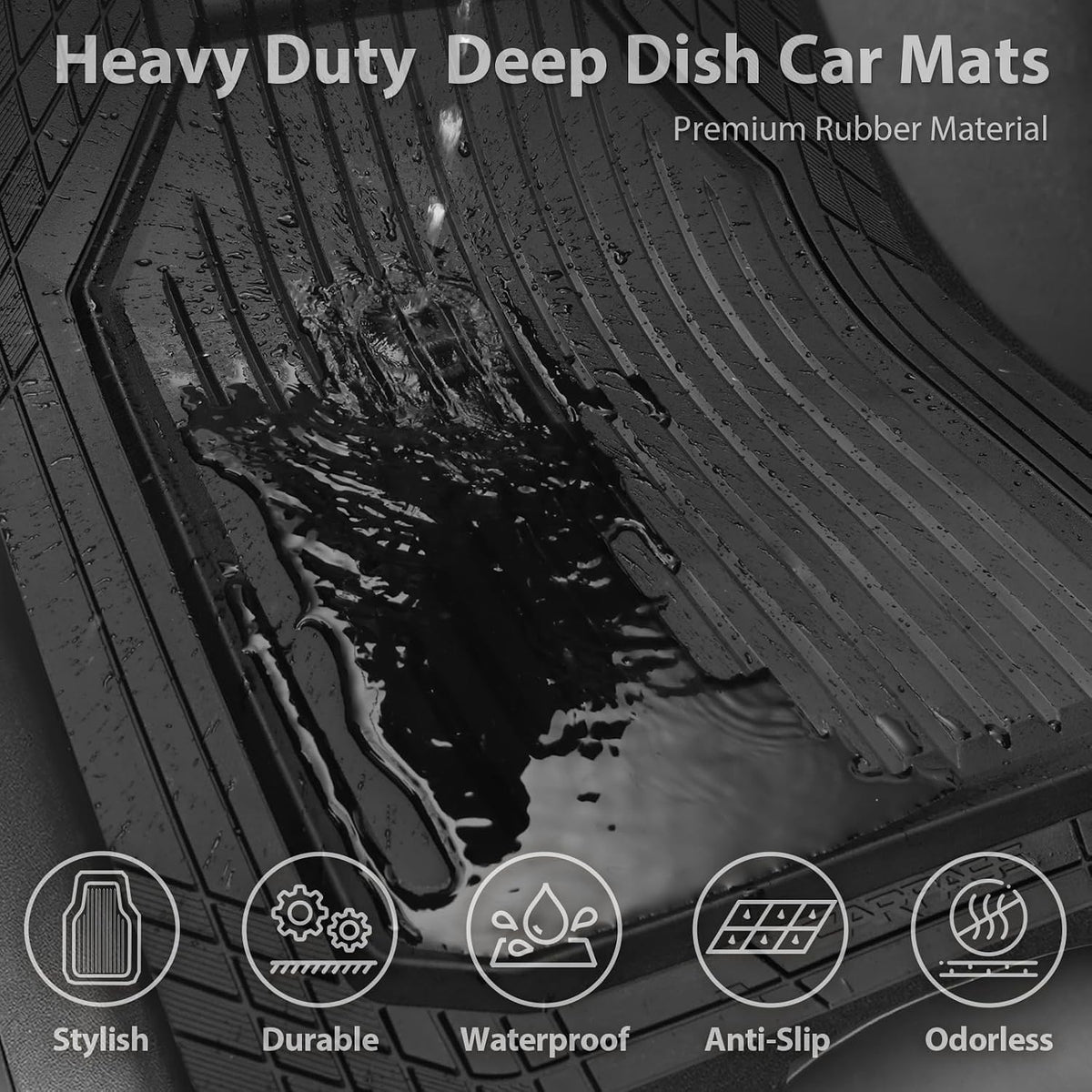 CAR PASS Heavy Duty Rubber Floor Mats for Car, Waterproof All Weather Car Floor Mats, Universal Trim-to-Fit for SUV Truck Sedans Vans, Automotive Floor Mats 3 piece car mats Full Set, Solid Black