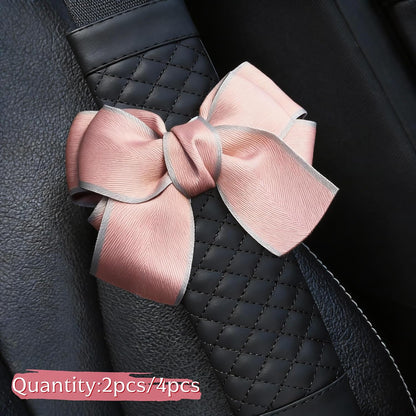 Cute Bow Leather Car Seat Belt Cover Pads,2 Pcs & 4 Pcs Seat Belt Cover for Shoulder, Seatbelt Cushion, Car Seat Strap Pads, Seatbelt Covers for Women (Pink,2)