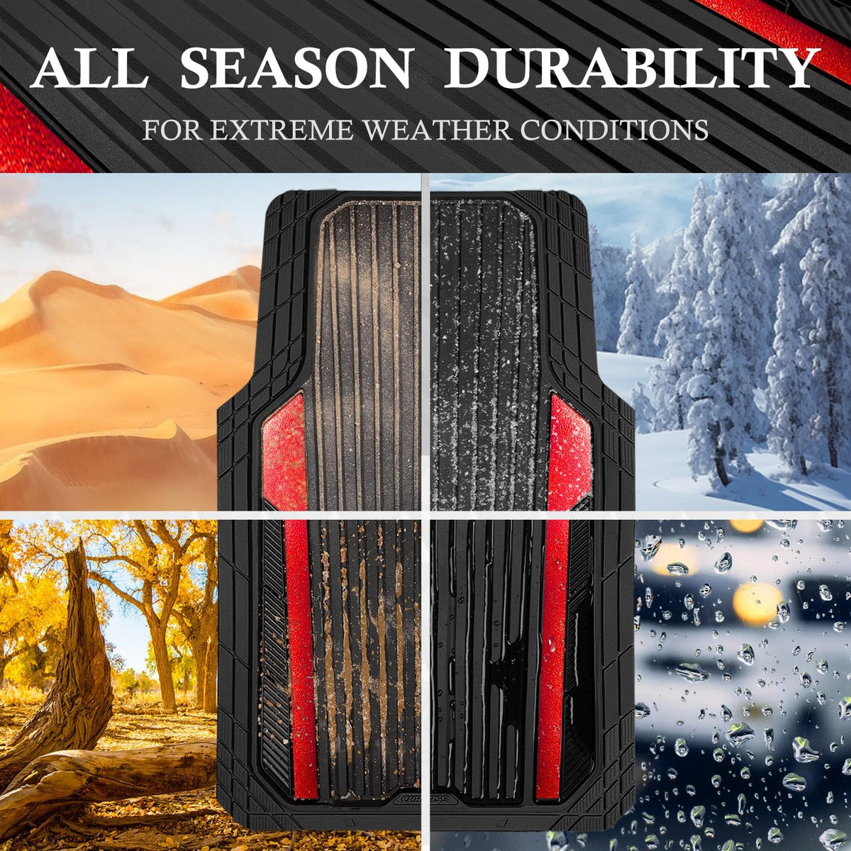 CAR PASS Heavy Duty Rubber Car Mats Metallic, Aluminum Film All Weather Floor Mats Waterproof Universal Trim to Fit Automotive SUV Sedan Van 4 Piece Anodized Deep Dish Two-Tone Sporty Black Red Chrome