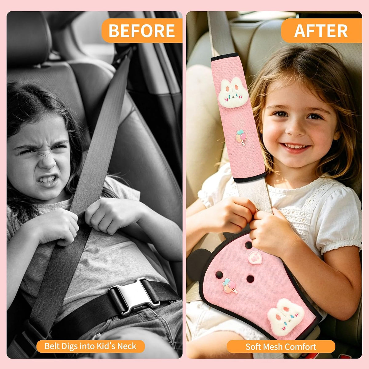 Cute Bunny Seat Belt Cover Pads for Kids – Soft Mesh Seatbelt Cushion, Shoulder & Belly Protector, 2-Piece Set