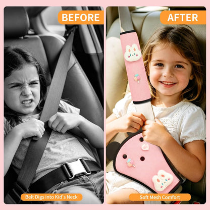 Cute Bunny Seat Belt Cover Pads for Kids – Soft Mesh Seatbelt Cushion, Shoulder & Belly Protector, 2-Piece Set