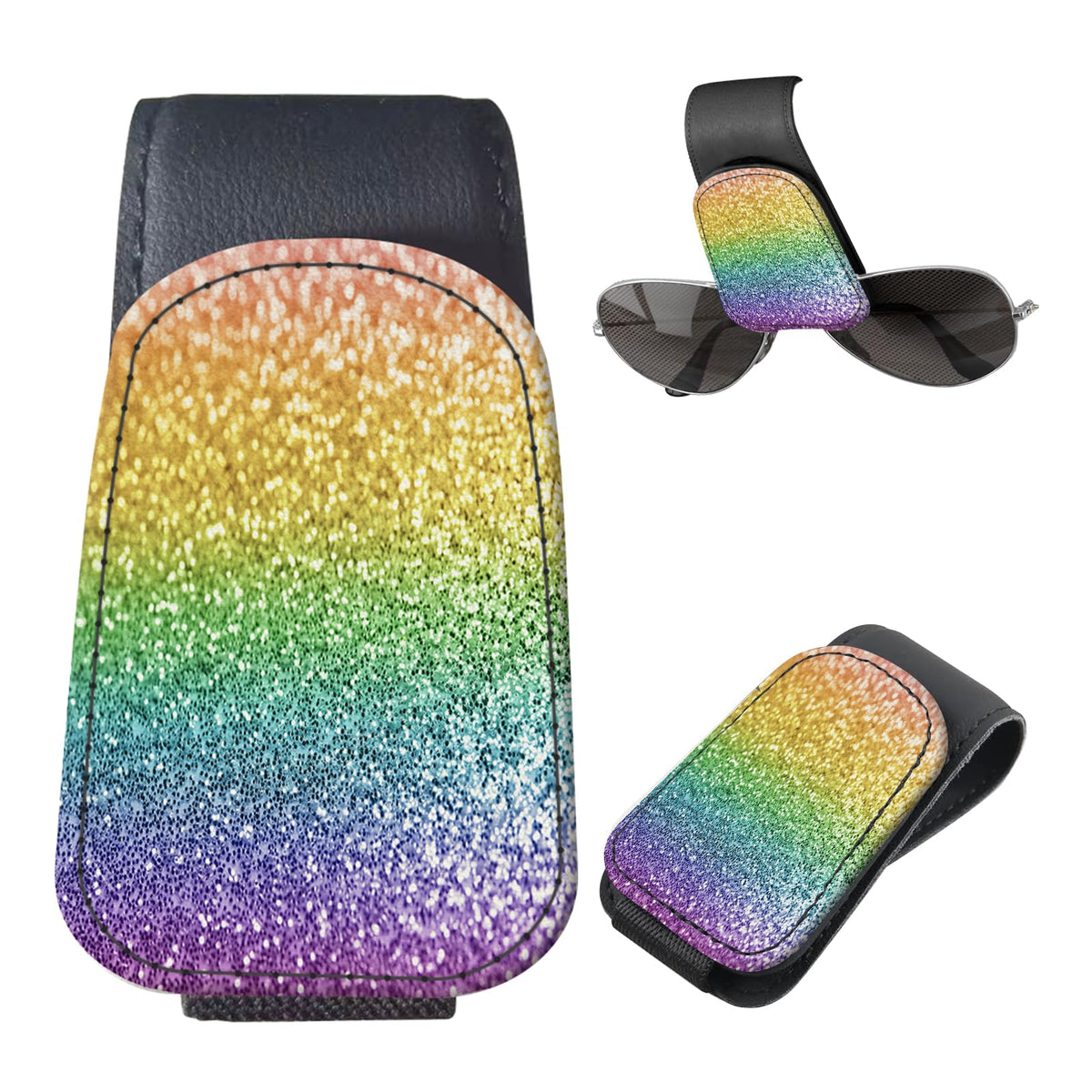 Sunglasses Holder for Car Visor, PU Leather Glasses Clip Organizer, Cute Magnetic Eyeglass Holder for Vehicle Sun Visor, Car Interior Accessory for Women & Men Black Sparkle Leopard