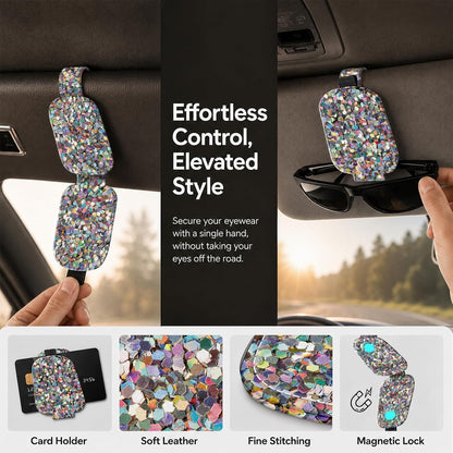 Sunglasses Holder for Car Visor, PU Leather Glasses Clip Organizer, Cute Magnetic Eyeglass Holder for Vehicle Sun Visor, Car Interior Accessory for Women & Men, Glitter