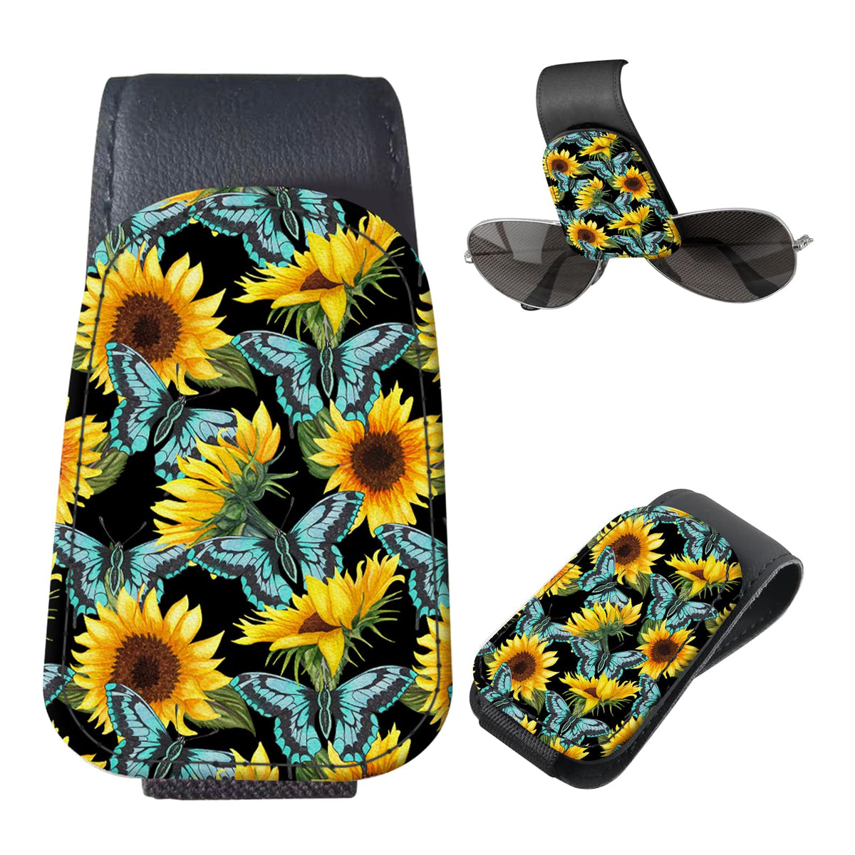Sunglasses Holder for Car Visor, PU Leather Glasses Clip Organizer, Cute Magnetic Eyeglass Holder for Vehicle Sun Visor, Car Interior Accessory for Women & Men Tropical Neon Flowers