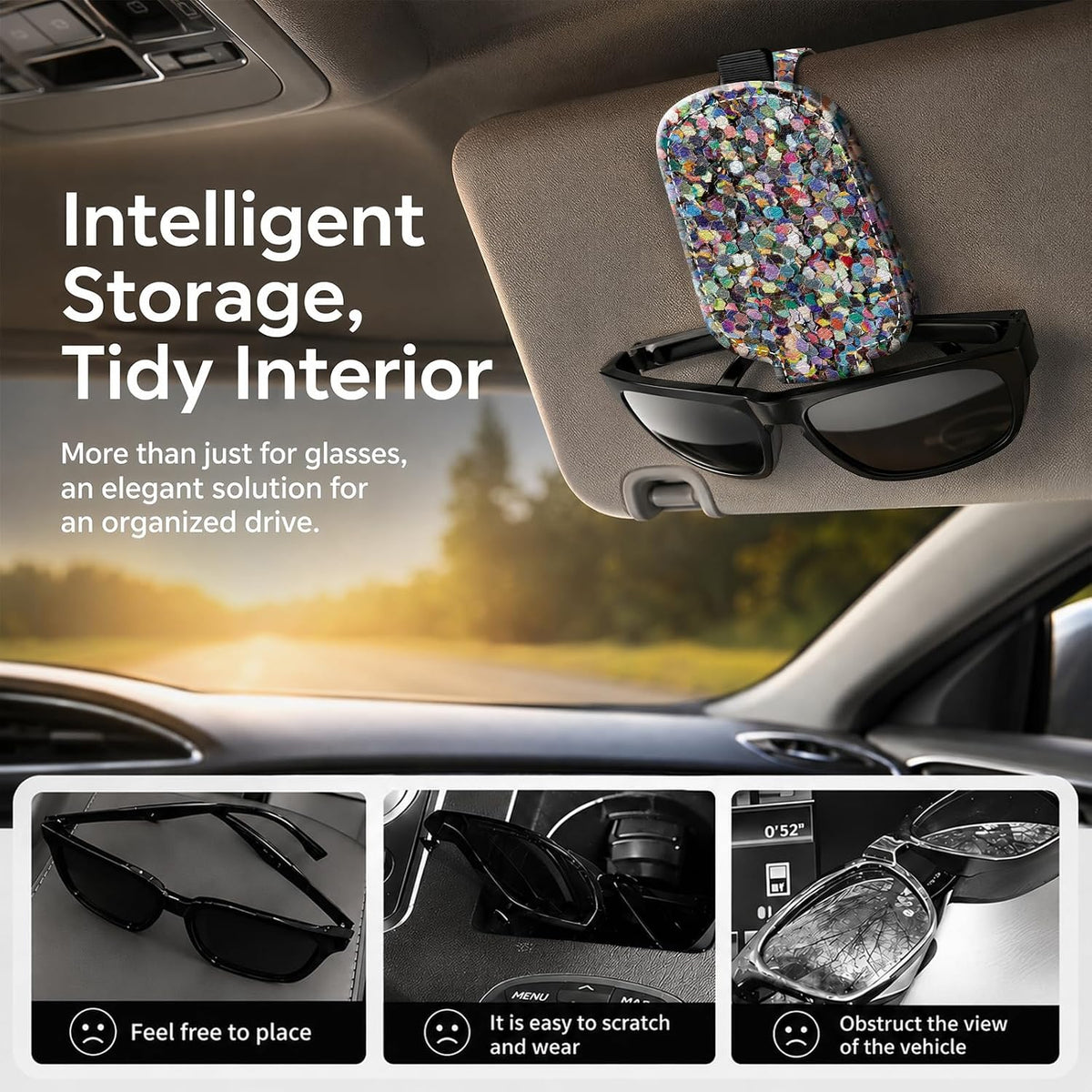 Sunglasses Holder for Car Visor, PU Leather Glasses Clip Organizer, Cute Magnetic Eyeglass Holder for Vehicle Sun Visor, Car Interior Accessory for Women & Men, Glitter