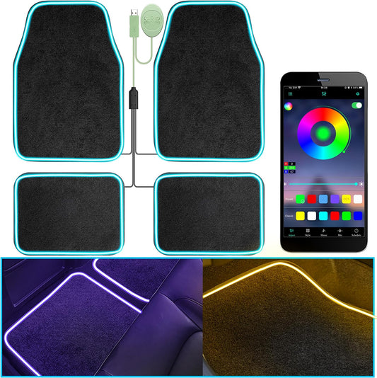 Soft Car Floor Mats With Led Strip Light, Universal Fit Black Automotive Carpet, App Control Interior Car Lights Floor Mats, Anti-Slip Waterproof RGB Car Decor Accessories For SUV, Trucks, Sedan,Jeeps
