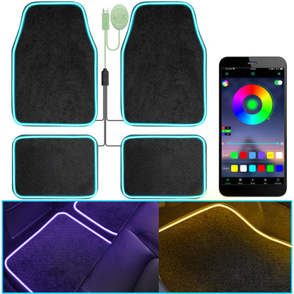 Soft Car Floor Mats With Led Strip Light, Universal Fit Black Automotive Carpet, App Control Interior Car Lights Floor Mats, Anti-Slip Waterproof RGB Car Decor Accessories For SUV, Trucks, Sedan,Jeeps