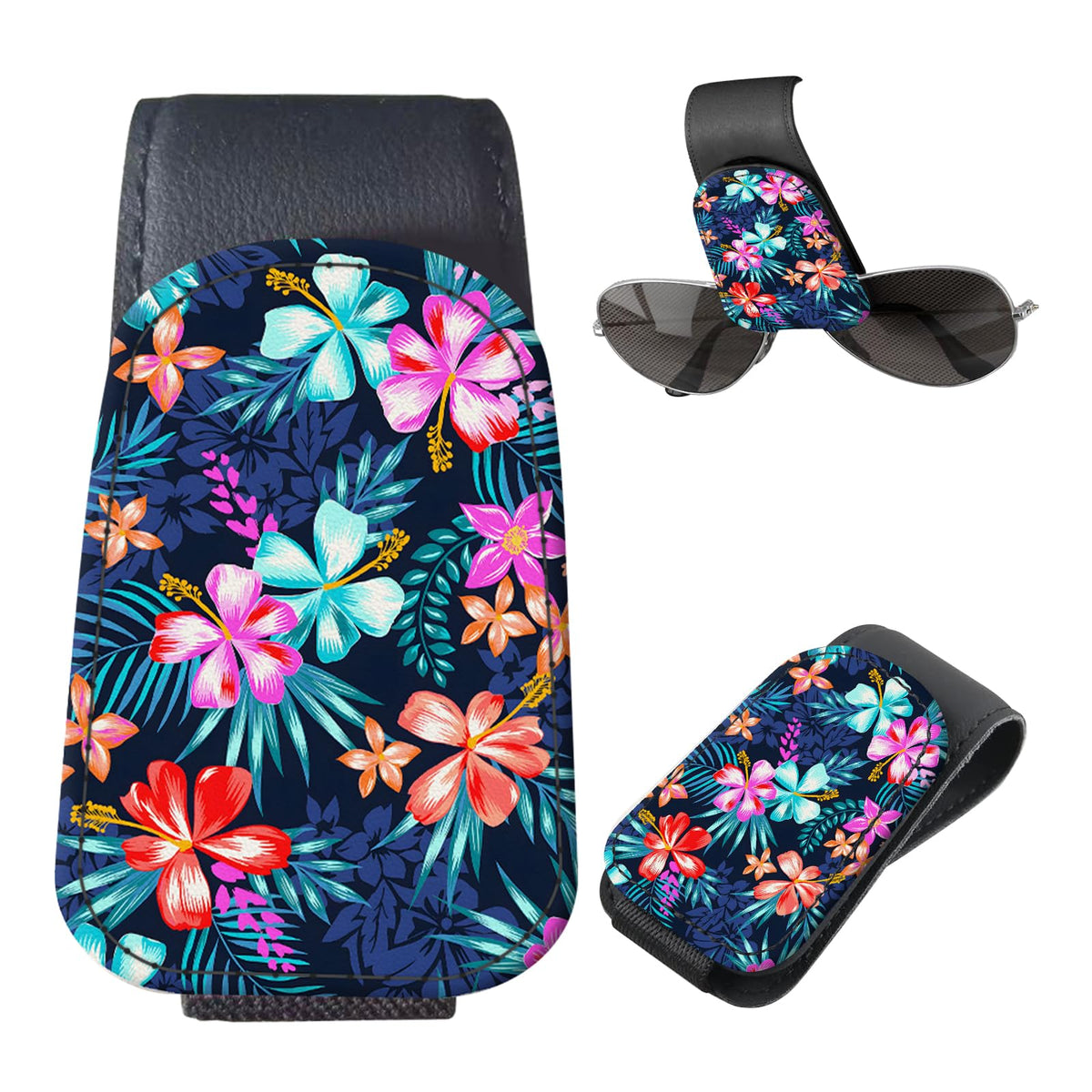 Sunglasses Holder for Car Visor, PU Leather Glasses Clip Organizer, Cute Magnetic Eyeglass Holder for Vehicle Sun Visor, Car Interior Accessory for Women & Men Tropical Neon Flowers