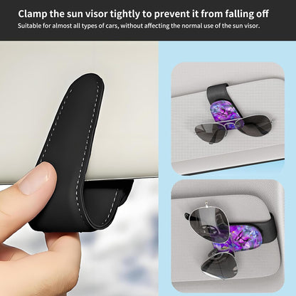Sunglasses Holder for Car Visor, PU Leather Glasses Clip Organizer, Cute Magnetic Eyeglass Holder for Vehicle Sun Visor, Car Interior Accessory for Women & Men Purple Butterfly Bloom