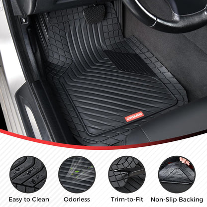 Coverado Heavy-Duty PVC Car Floor Mats Full Set – Black Metallic Heel Pad, All-Weather Protection for Front & Rear, Non-Slip Backing, Easy-to-Clean Liners, 4 Pcs