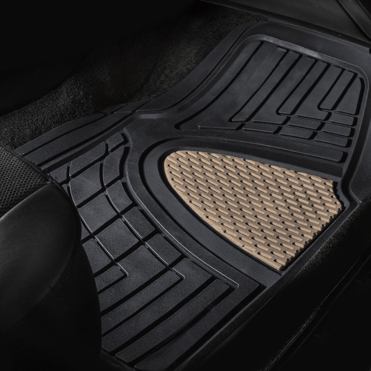 FH Group Premium Liners Tall Channel Trimmable All Weather Rubber Full Set Car Floor Mats (Beige) w. Trimmable All-Season Cargo Liner (Black) - Universal Fit for Cars Trucks and SUVs