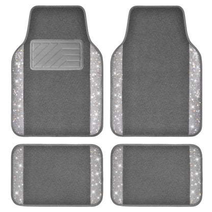 CAR PASS Bling Diamond Car Floor Mats, Sparkling Crystal Shining Glitter Rhinestone Carpet, Anti-Slip PVC Heel Pad Waterproof Universal for Automotive SUV,Sedan,Van,4pcs Girl Women Men Black Diamond