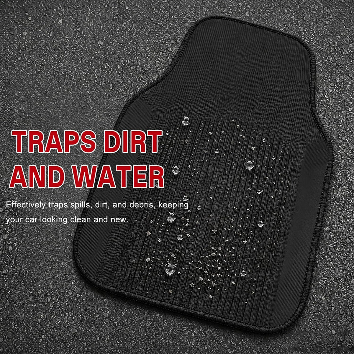 4 PCS Car Floor Mats, Waterproof Auto Rug Floor Pads Stylish Interior Accessories, Anti-Slip Front & Rear Carpet Mats Universal Protective Pads for Cars Trucks SUVs (Black)