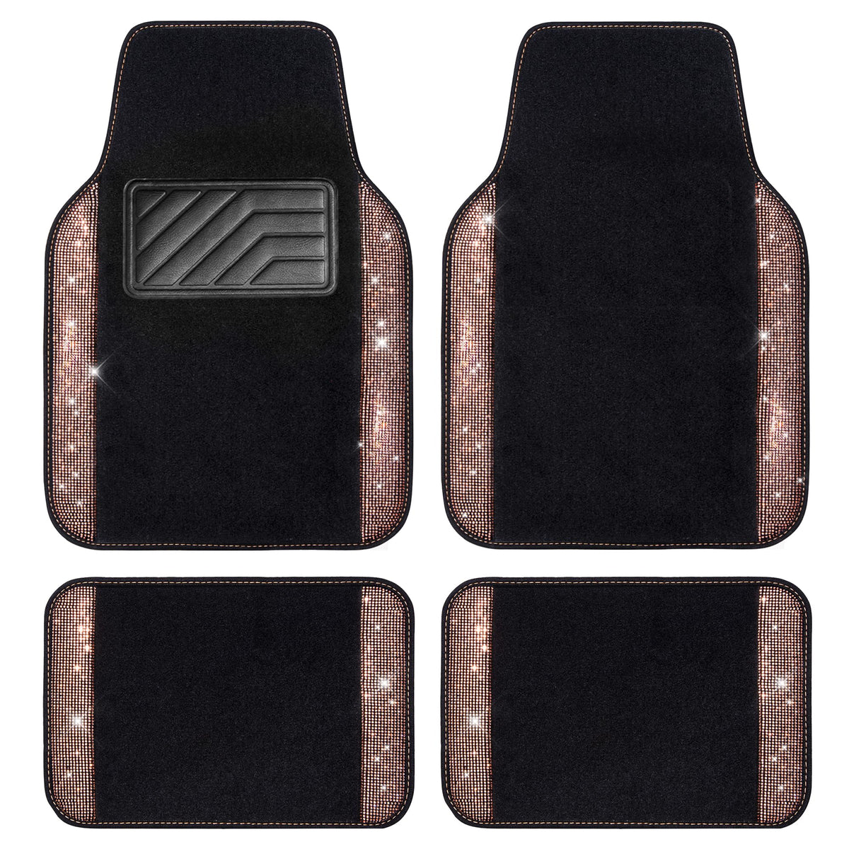 CAR PASS Bling Diamond Car Floor Mats, Sparkling Crystal Shining Glitter Rhinestone Carpet, Anti-Slip PVC Heel Pad Waterproof Universal for Automotive SUV,Sedan,Van,4pcs Girl Women Men Black Diamond