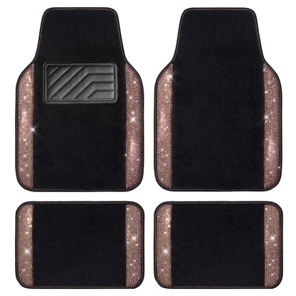 CAR PASS Bling Diamond Car Floor Mats, Sparkling Crystal Shining Glitter Rhinestone Carpet, Anti-Slip PVC Heel Pad Waterproof Universal for Automotive SUV,Sedan,Van,4pcs Girl Women Men Black Diamond